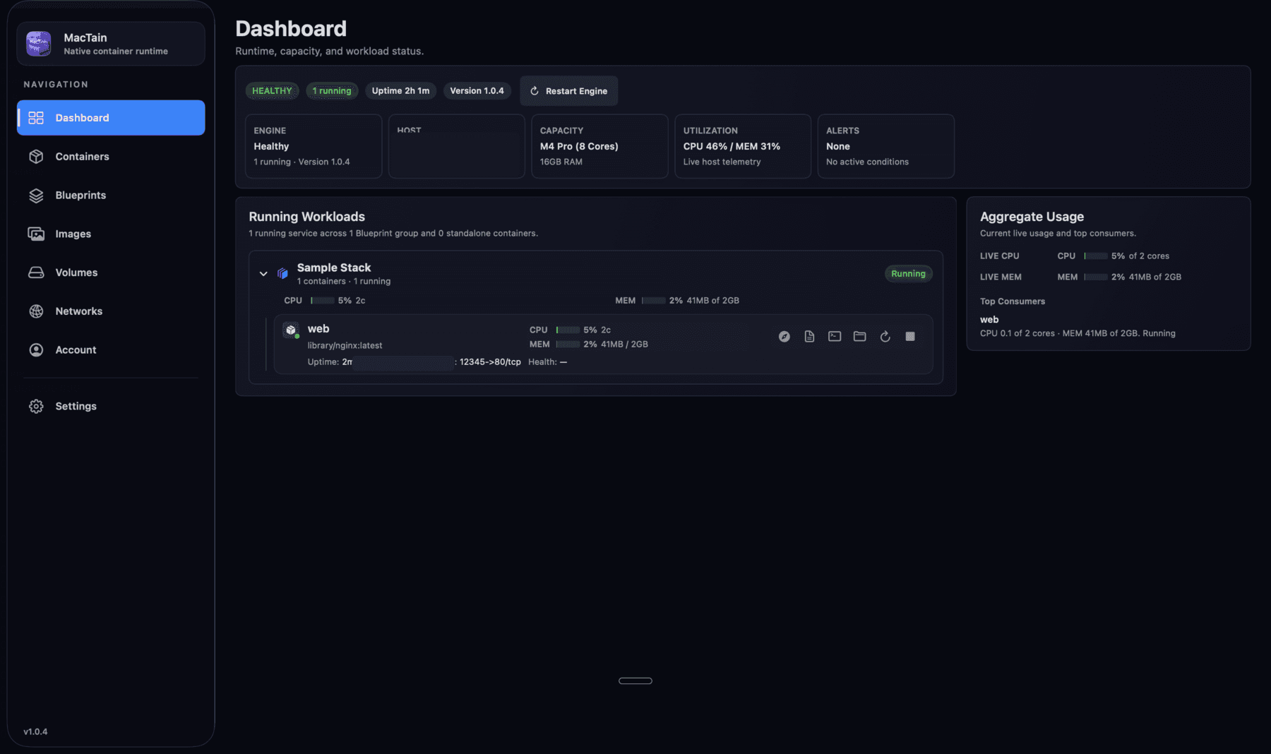MacTain dashboard showing running containers, resource usage, blueprints, and alerts.