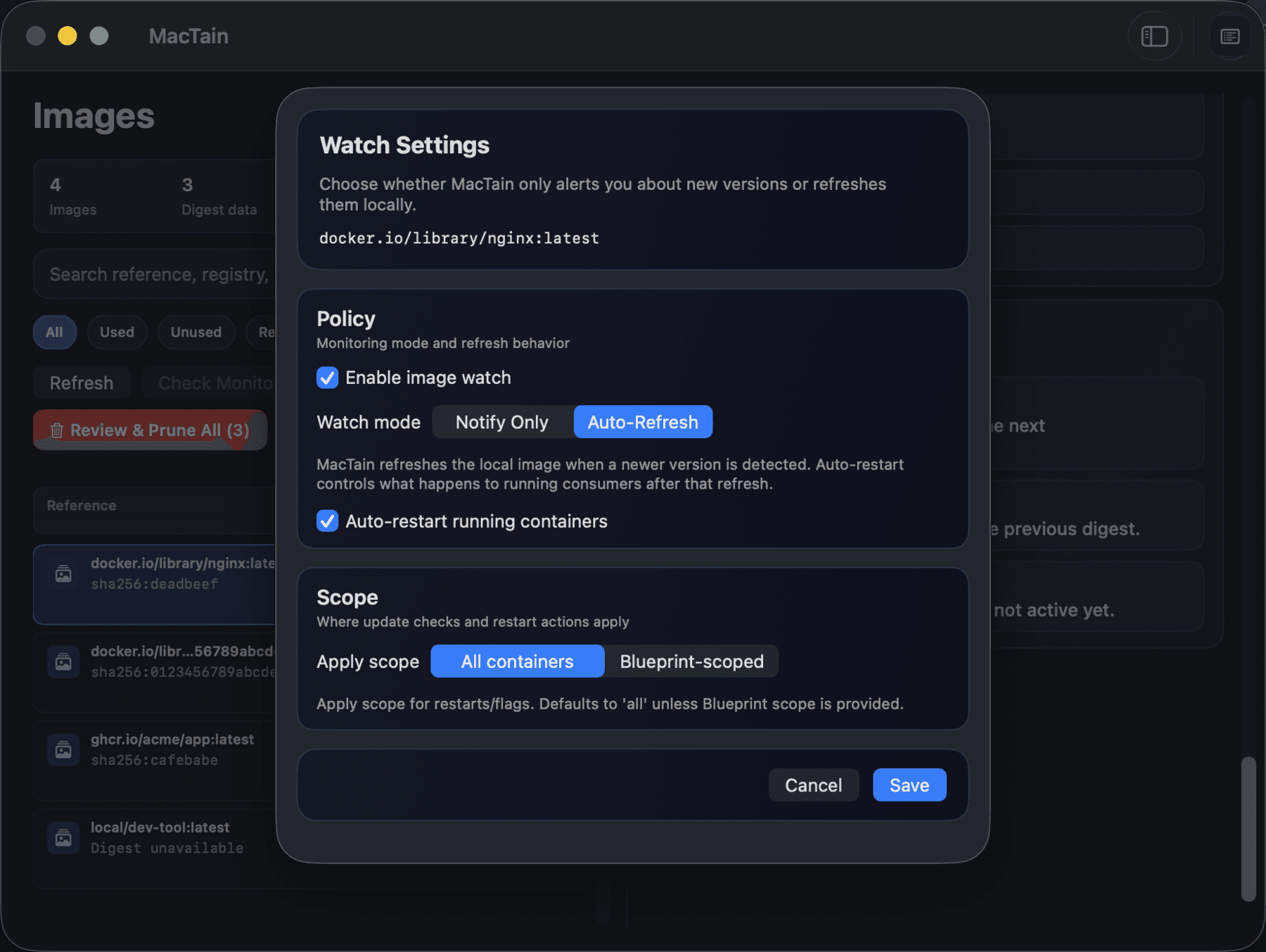 MacTain Images view with image monitoring Watch Settings expanded.