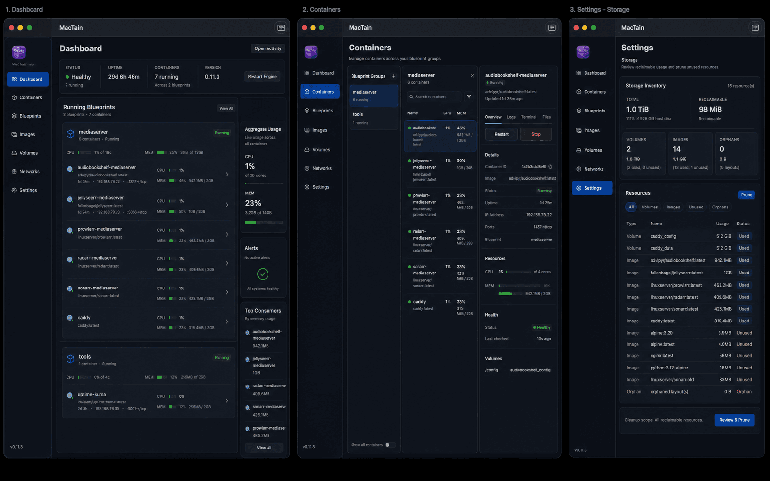 MacTain app interface showing dashboard, containers, and storage management views.
