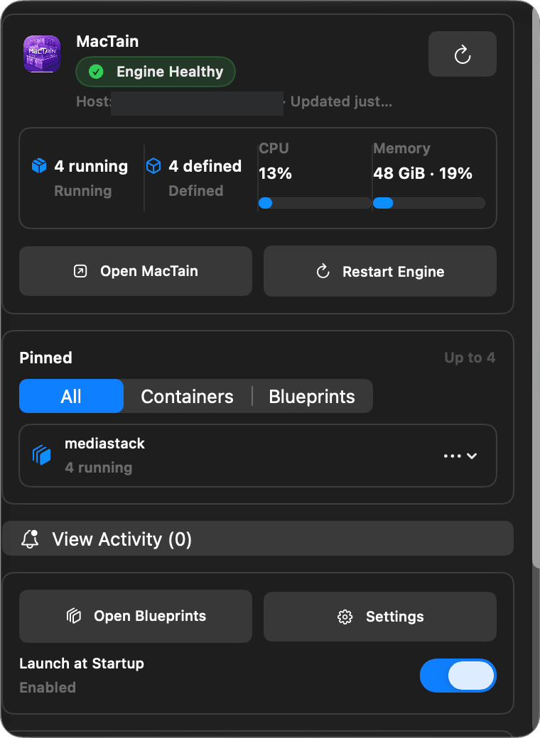 MacTain menu bar panel: Engine healthy, 4 running, pinned mediastack Blueprint