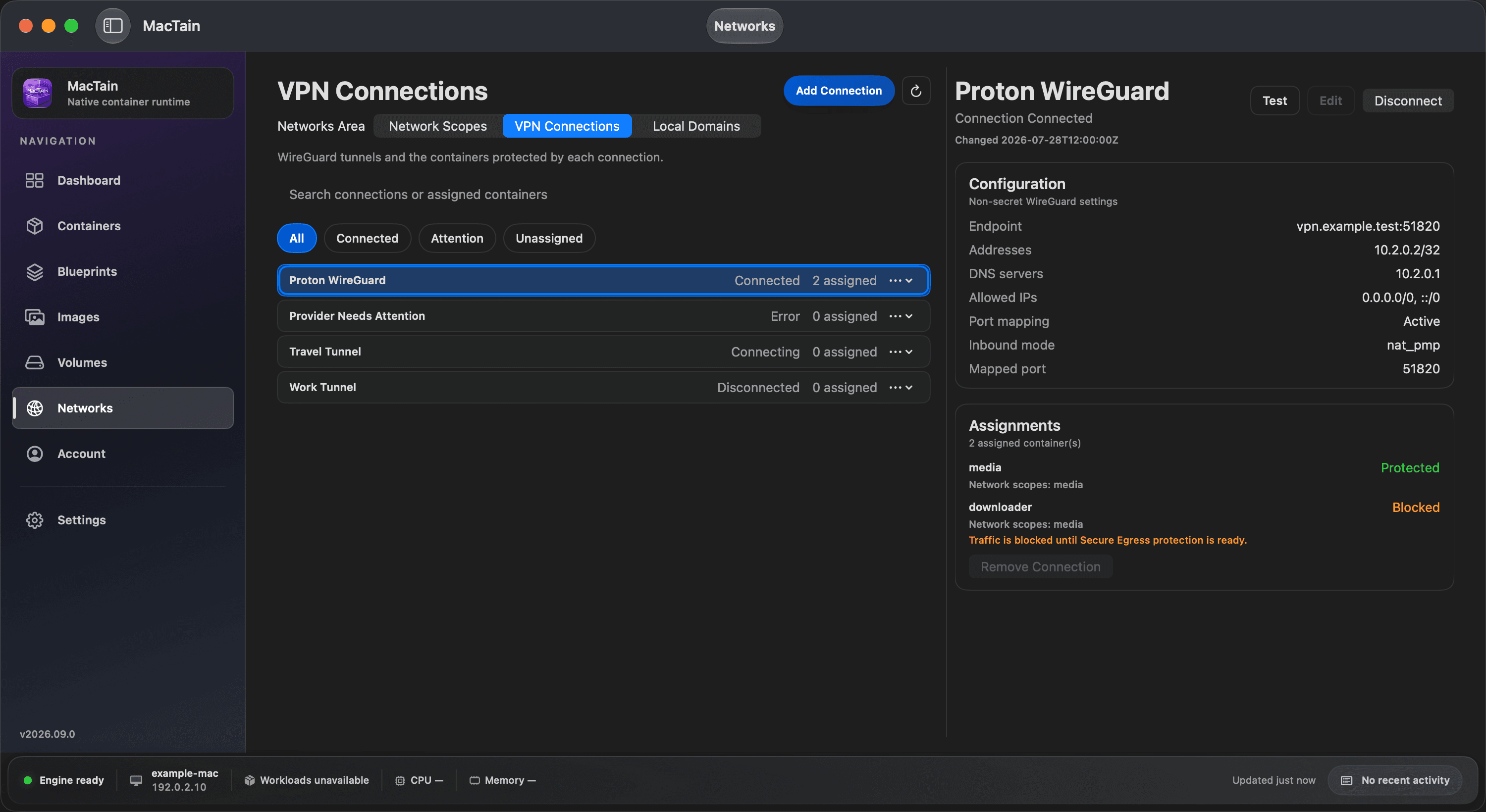MacTain VPN Connections with a saved WireGuard connection and separate Protected and Blocked statuses for its assigned containers. Example configuration.