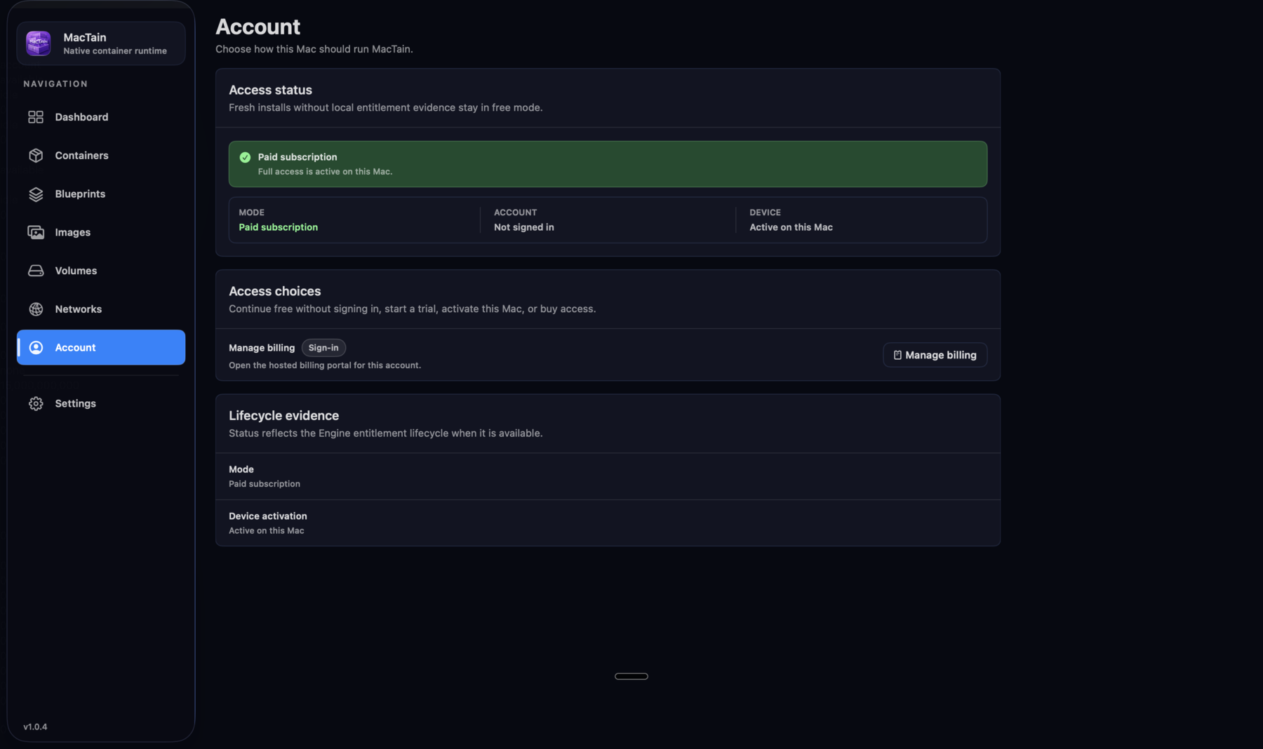 MacTain Account view showing subscription status, entitlement actions, activation, refresh, and billing handoff controls.