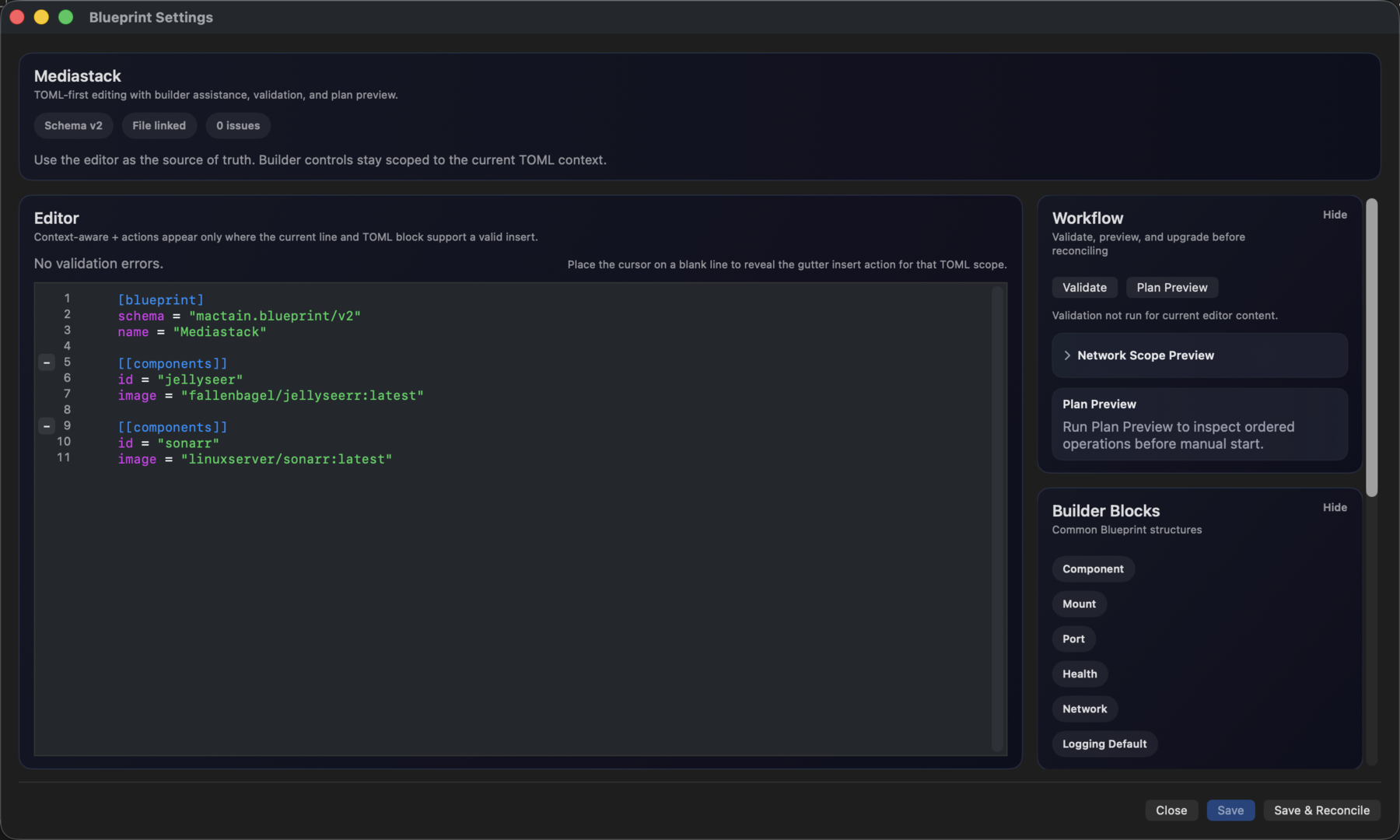 MacTain Blueprint Settings popout showing the TOML editor, workflow validation panel, plan preview, and builder block buttons for component, mount, port, health, network, and logging defaults.
