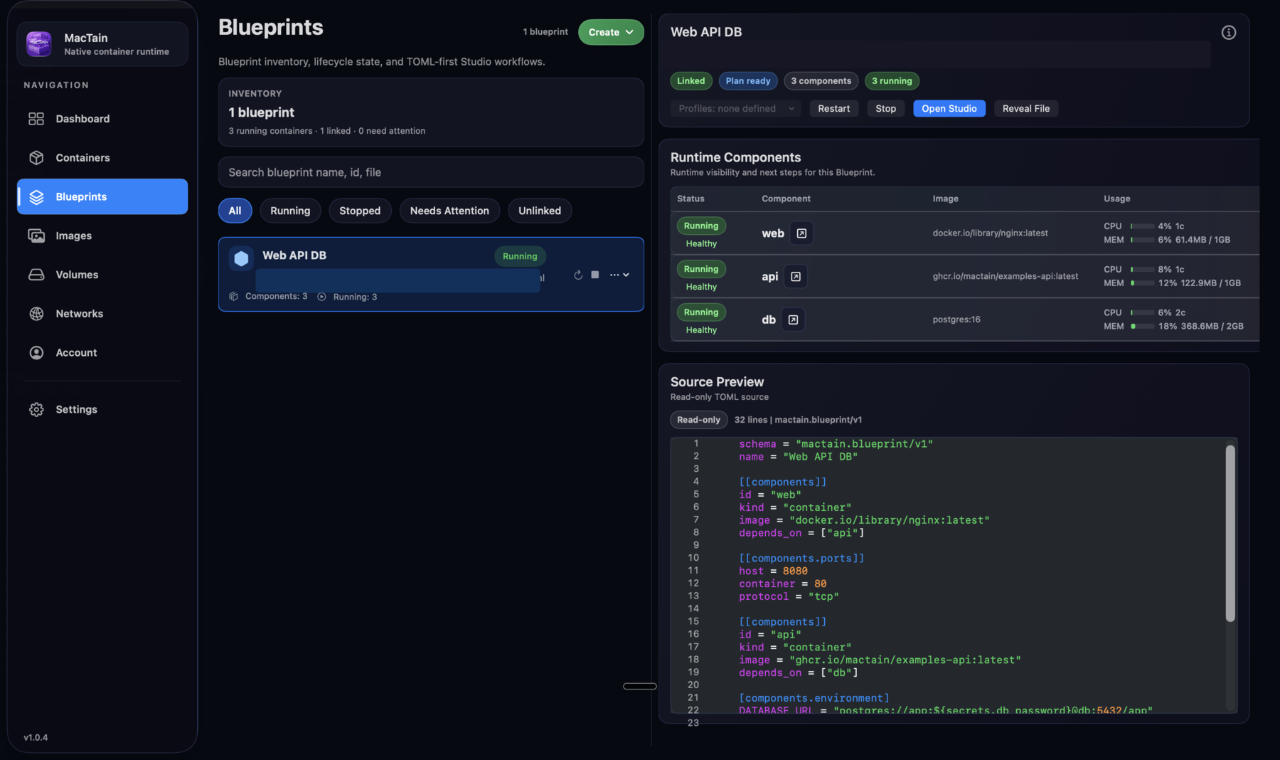 MacTain Blueprints view showing one Web API DB Blueprint, runtime components, Open Studio action, and read-only TOML source preview.