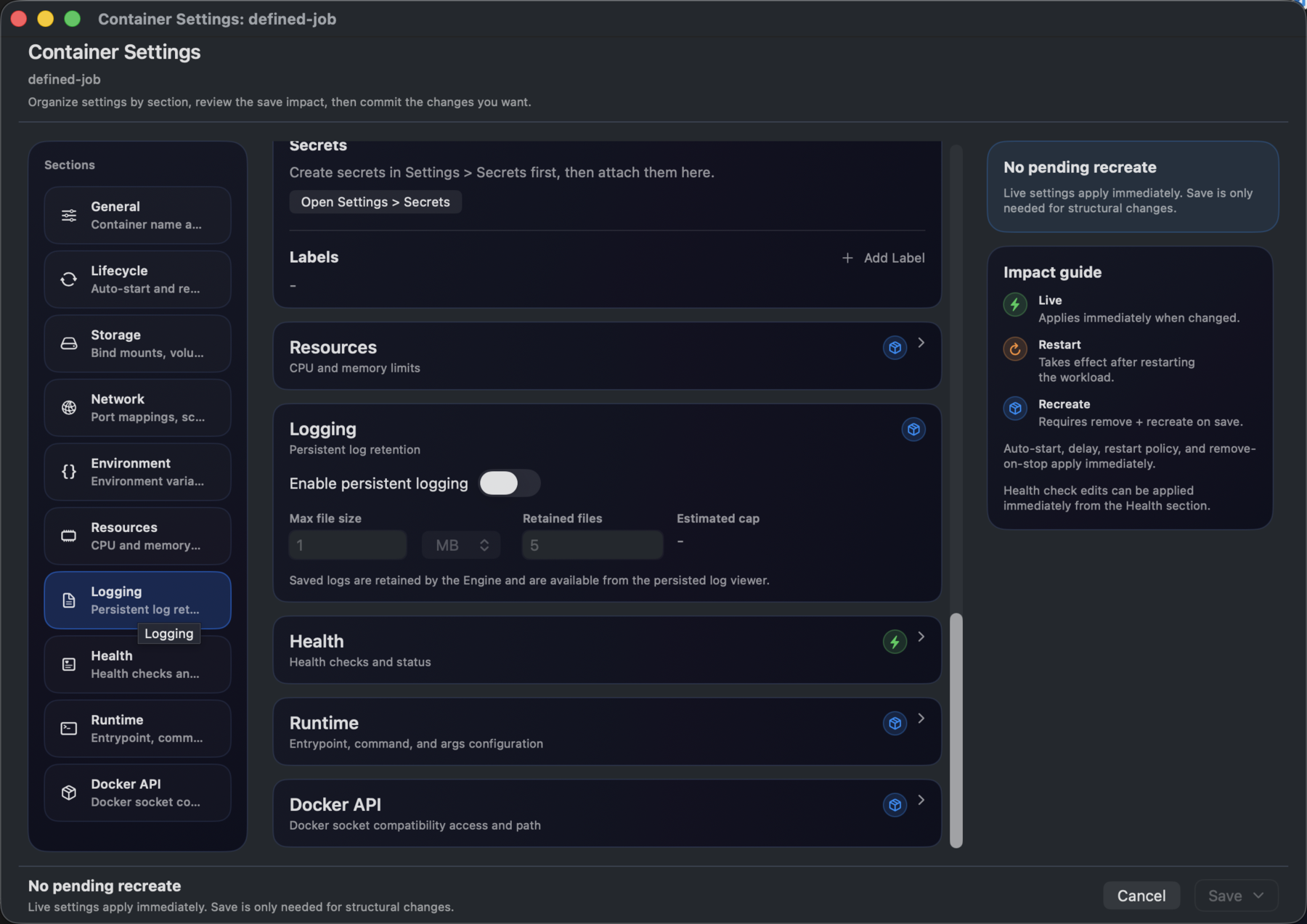MacTain Container Settings window showing section navigation, logging settings, resource and health sections, and the save impact guide.