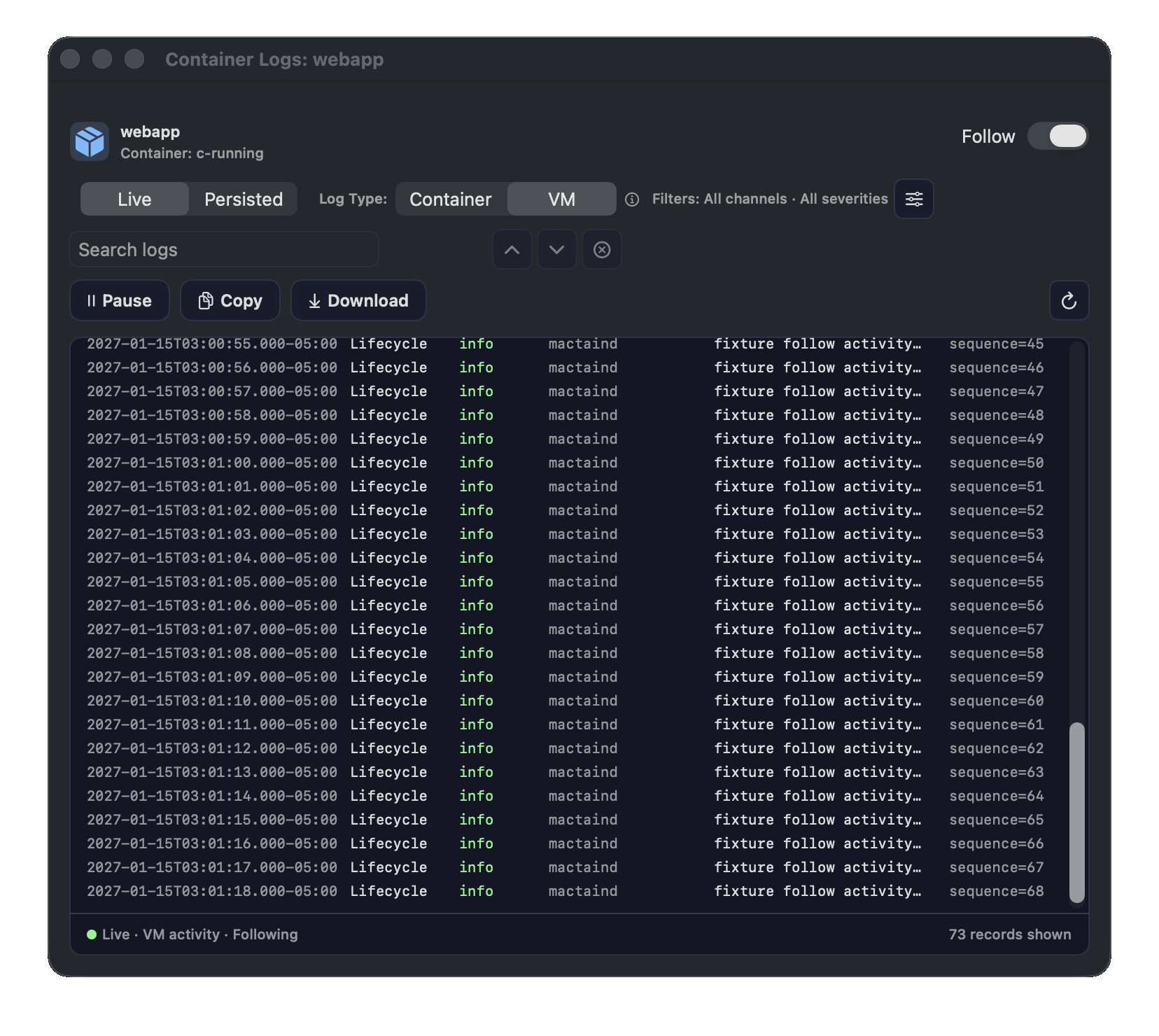 MacTain Container Logs window showing Live and Persisted modes, Container and VM log type controls, search, pause, copy, download, reload, VM activity filters, and live VM activity rows.