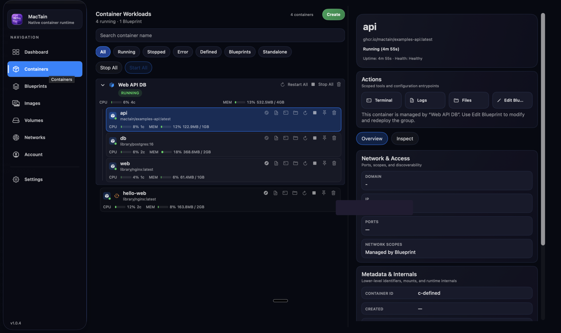 MacTain Containers view showing a Web API DB Blueprint group, standalone hello-web container, filters, row actions, and container details.