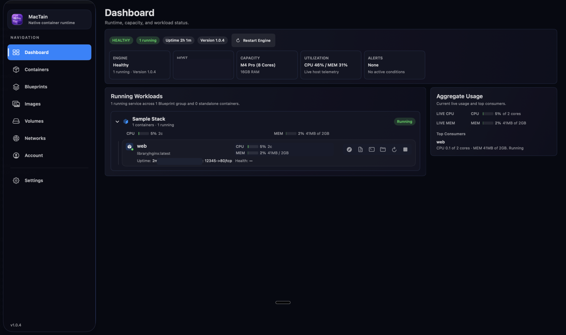 MacTain Dashboard showing Engine health, host capacity, utilization, alerts, running workloads, and aggregate usage.