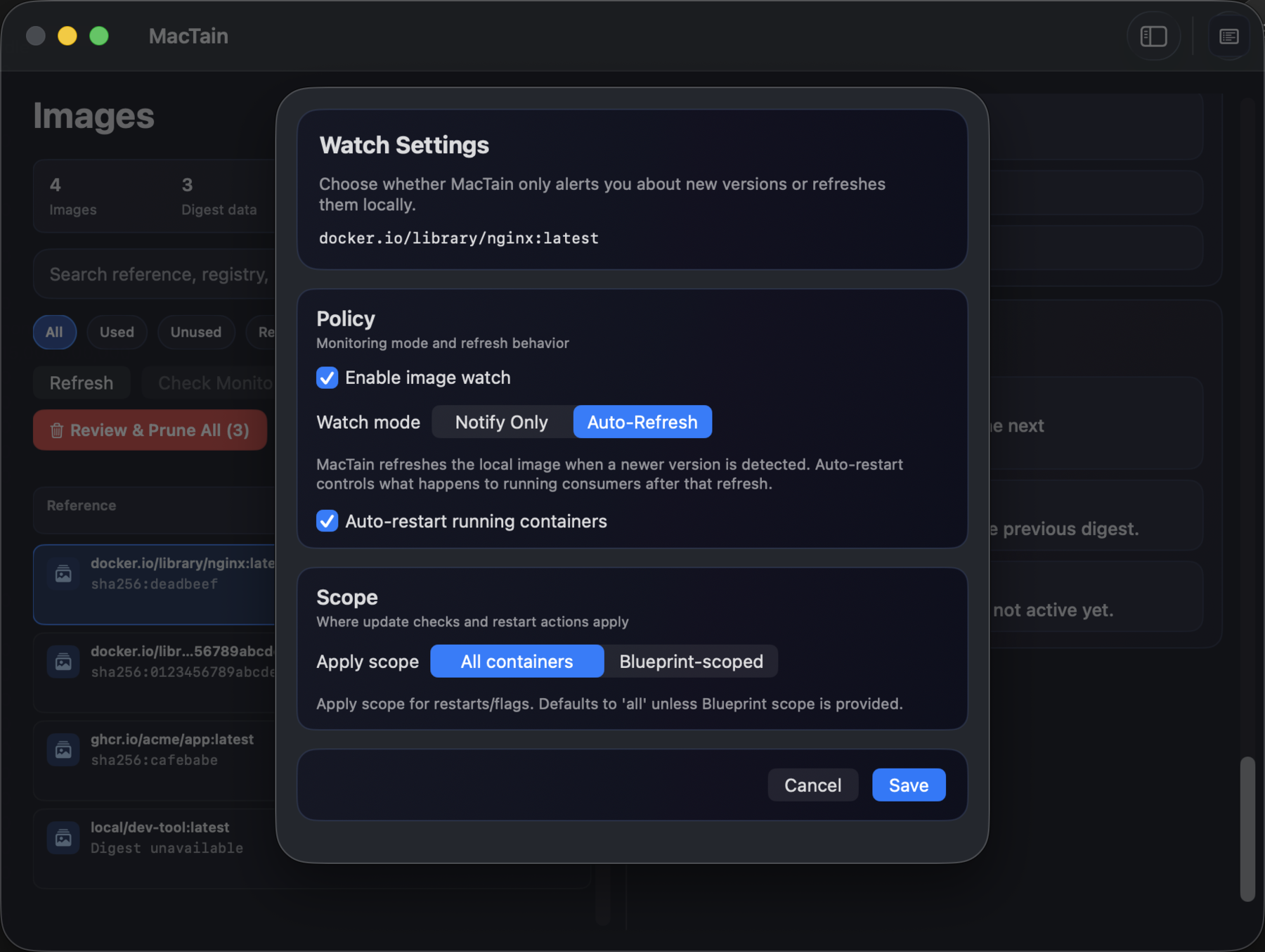 MacTain per-image monitor settings showing monitoring enabled, watch mode, auto restart containers after refresh, scope, and status.
