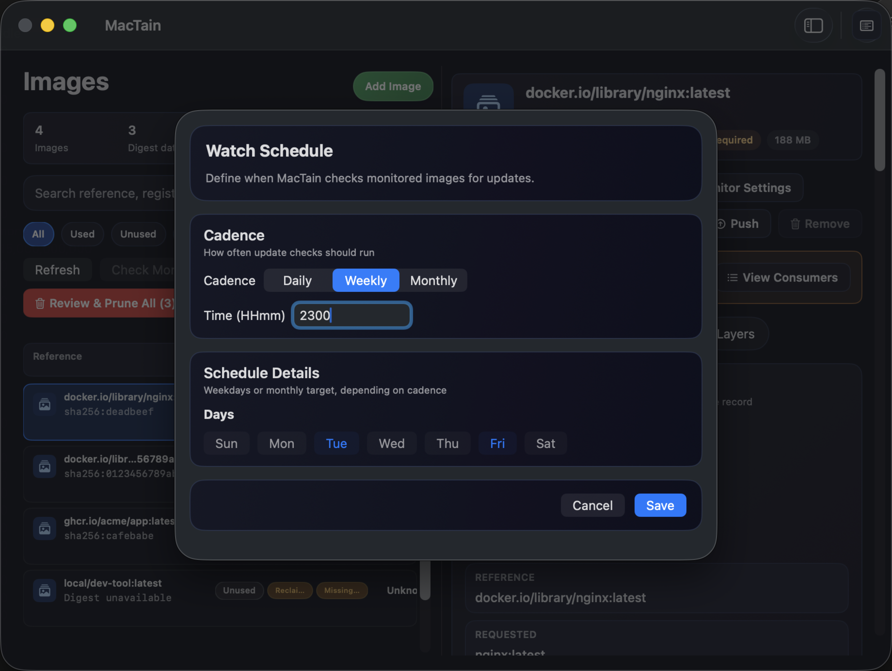 MacTain image monitoring schedule dialog showing weekly cadence, run time, and selected weekdays.