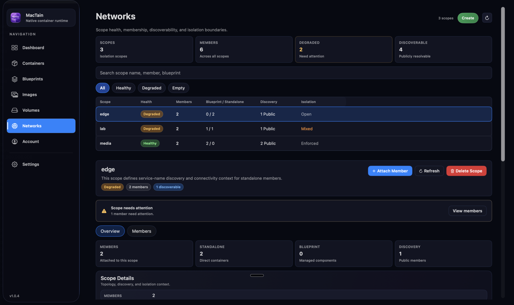 MacTain Networks view showing network scopes, health, members, discovery, isolation state, and attach member controls.