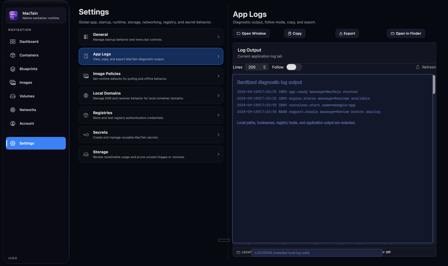 MacTain App Logs settings showing diagnostic log output, copy, export, refresh, and detached window actions.