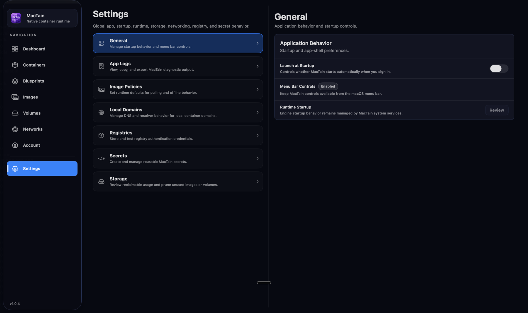 MacTain General settings showing startup behavior, menu bar controls, foreground behavior, and quit flow options.