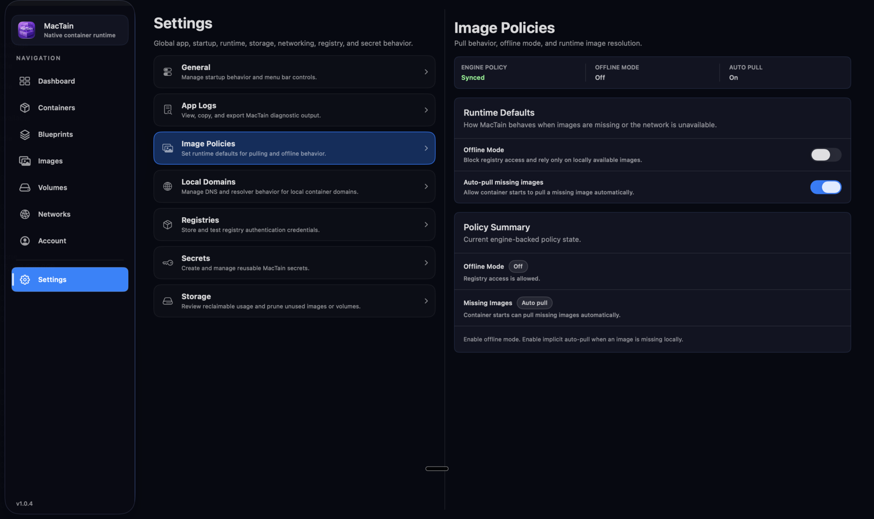 MacTain Image Policies settings showing defaults for image pulls and offline behavior.