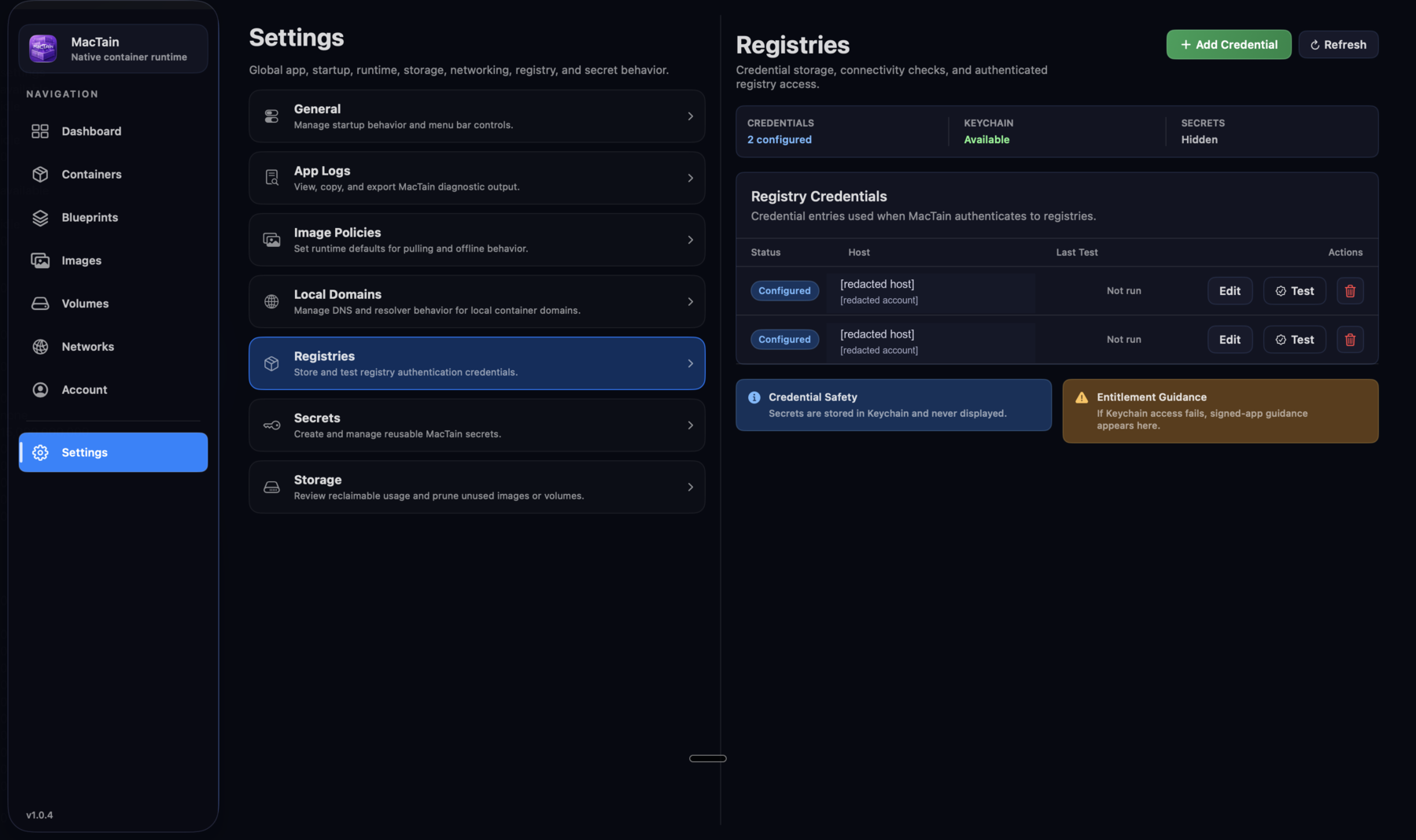 MacTain Registries settings showing stored registry credentials, test controls, and add credential workflow.