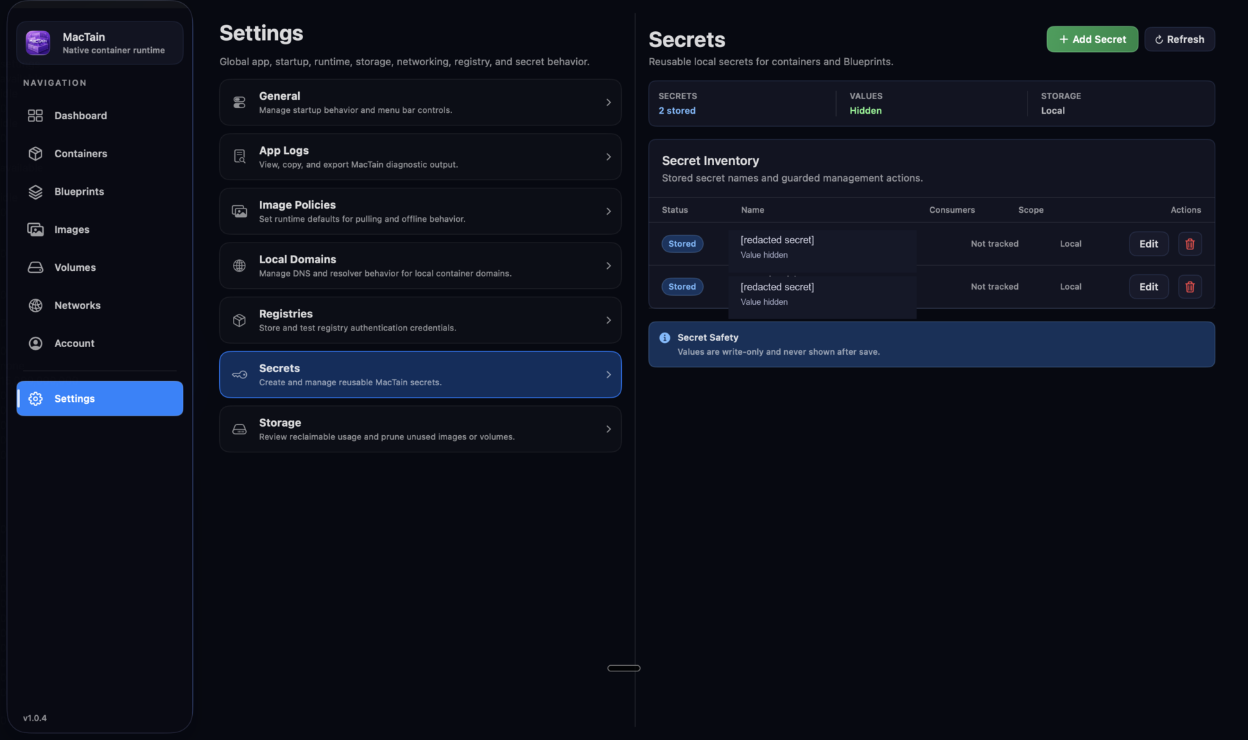 MacTain Secrets settings showing reusable secrets, add secret controls, and Keychain-backed secret management.
