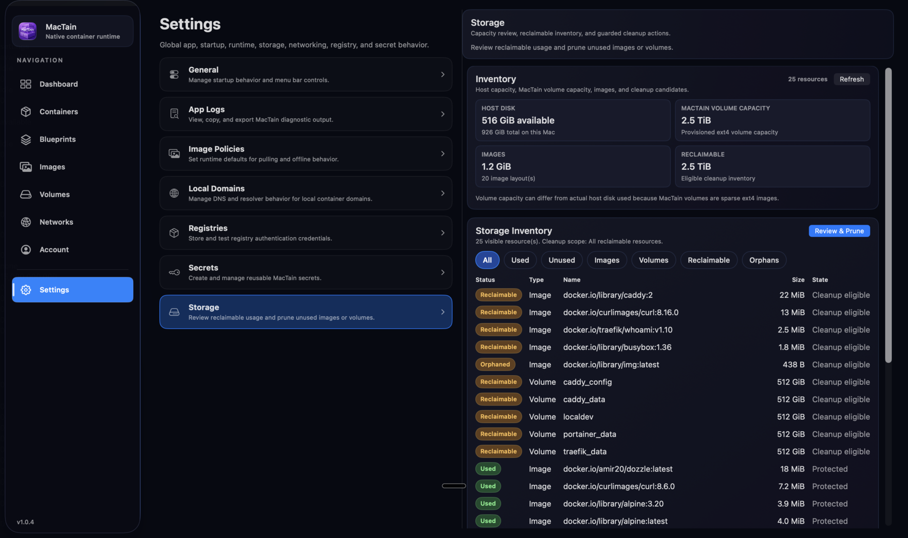MacTain Storage settings showing host disk, image and volume totals, reclaimable storage, inventory filters, and prune controls.