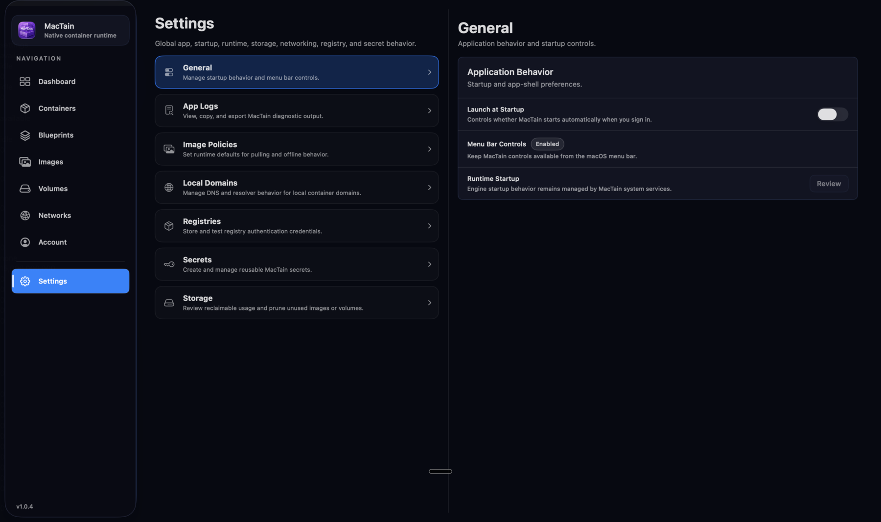 MacTain Settings view showing General, App Logs, Image Policies, Local Domains, Registries, Secrets, and Storage settings.