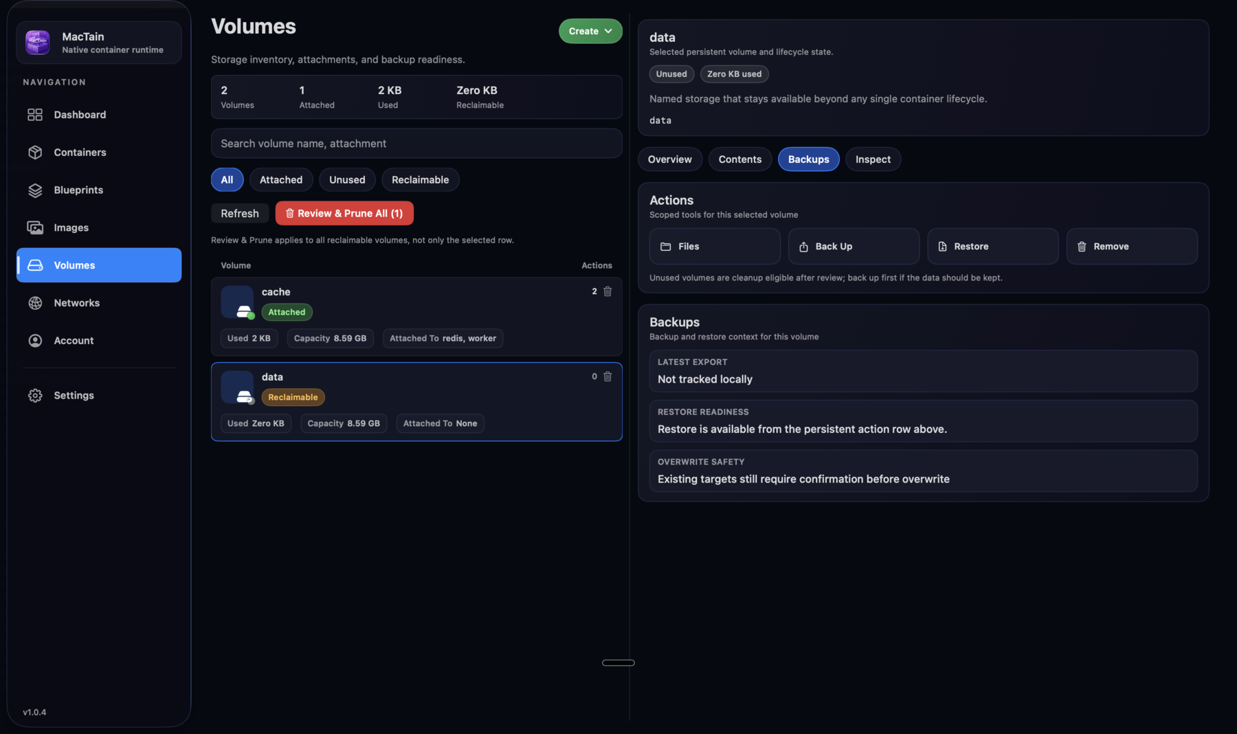MacTain Volumes backup and restore view showing latest export, restore readiness, overwrite safety, and backup restore path.